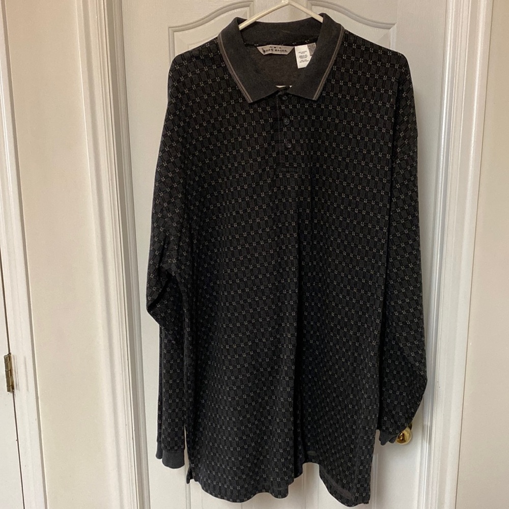 XXL Tall Gray Plaid Long Sleeve Polo